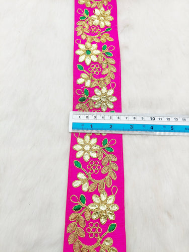 Fuchsia Pink Art Silk Fabric Trim, Green & Gold Floral Embroidery Gota Patti Indian Sari Border Trim By Yard Decorative Trim Craft Lace
